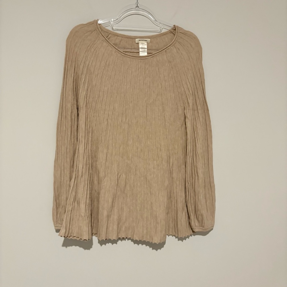 Max Studio ribbed A-line knit sweater with long balloon‎ sleeves tan size large